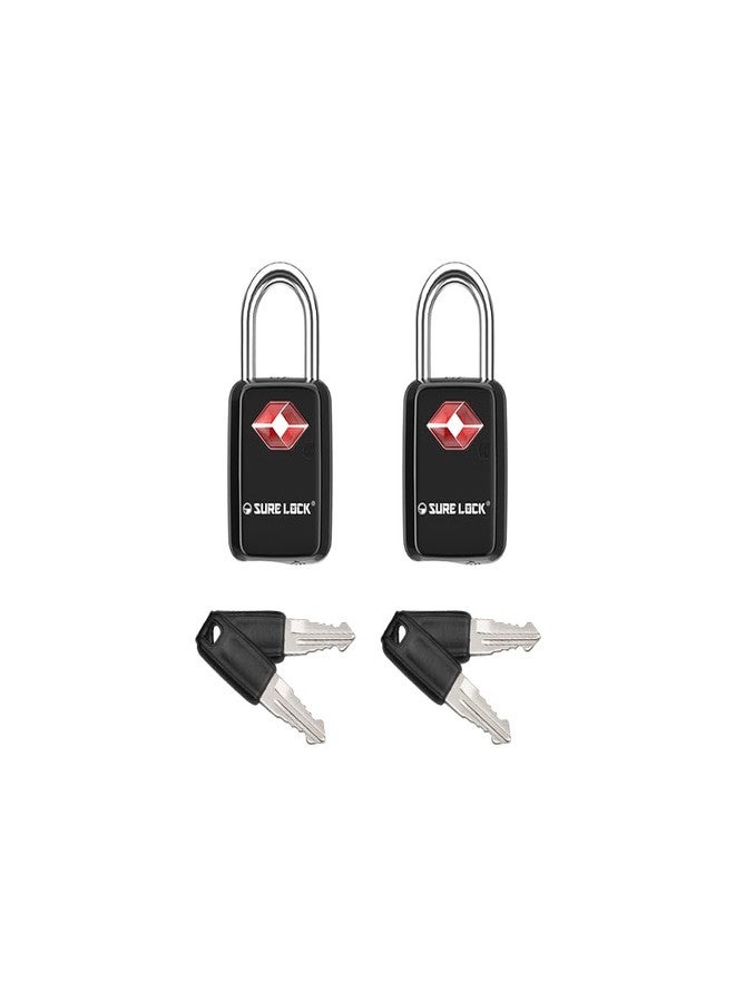 SURE LOCK أقفال أمتعة معتمدة من إدارة أمن النقل الأمريكية (TSA) من SURE LOCK - مفتاح واحد يفتح جميع الأقفال، قفل سفر صغير الحجم ومتين مصنوع من سبائك الزنك مع قيد فولاذي، مفتاحان متطابقان (أسود، قفلان، حجم صغير للحقائب/حقائب الظهر/خزائن الصالات الرياضية) - Image 1